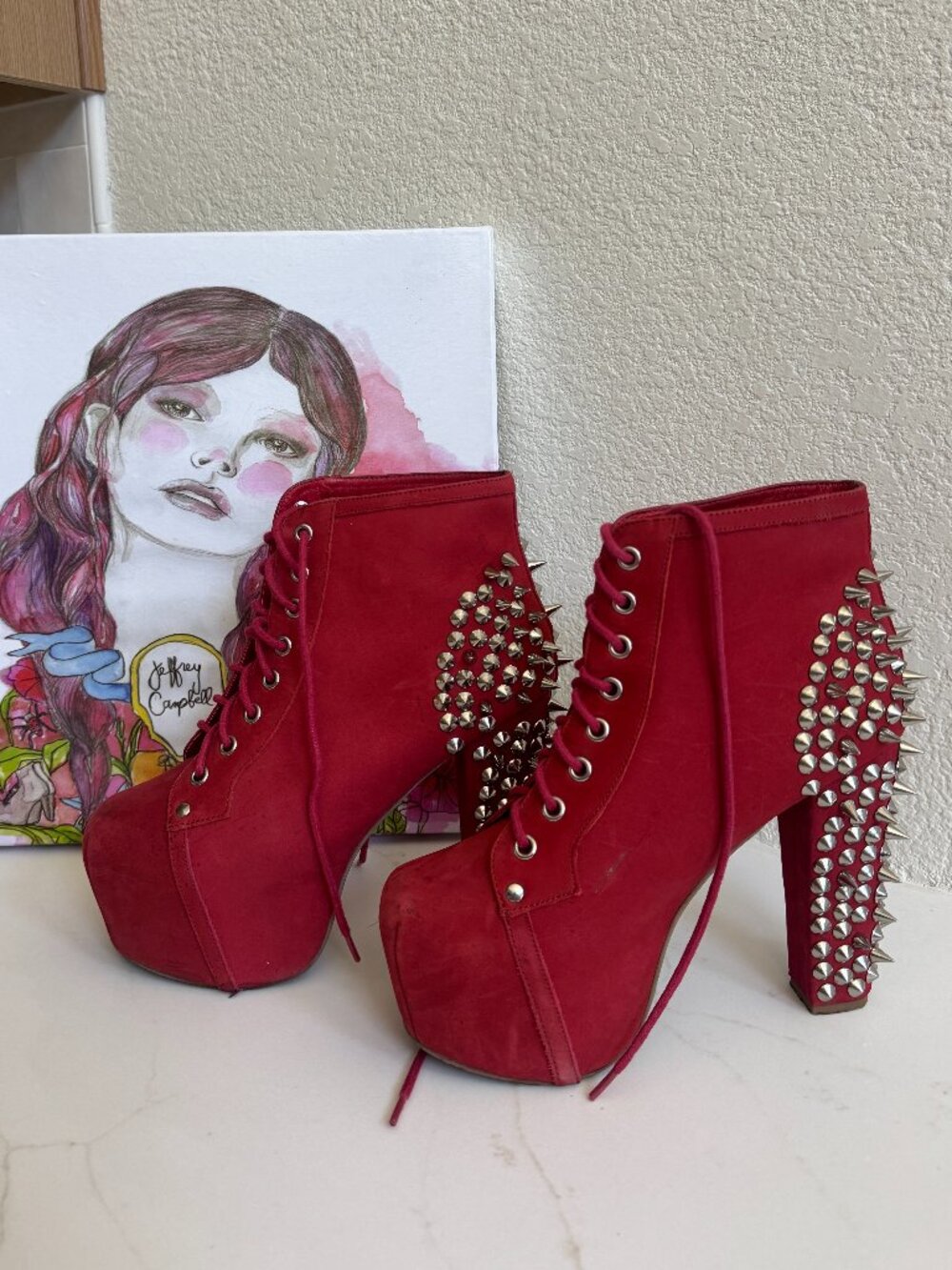 Jeffrey Campbell Lita Spike Red Suede Platform Booties | Size 8.5 🔥